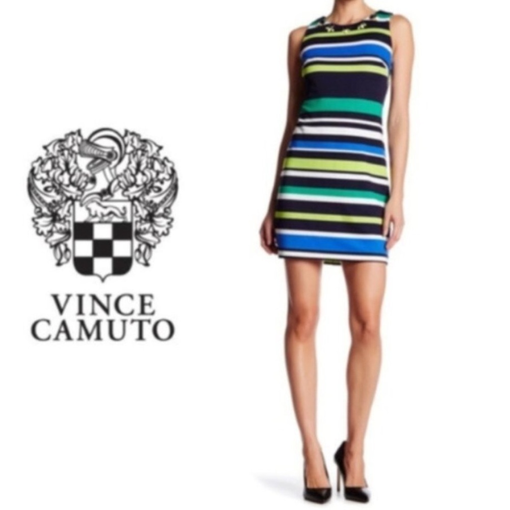 Vince Camuto Vibrant Dress! With fabulous jewels! Sleeveless. Very flattering!